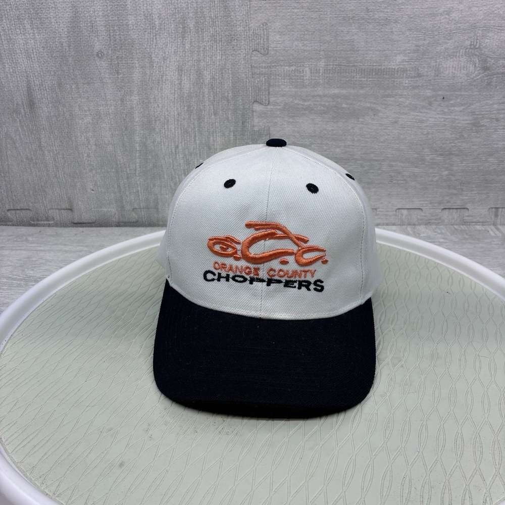 Orange County Choppers OCC Hat Mens White Black Embroidered Hook Loop Strapback